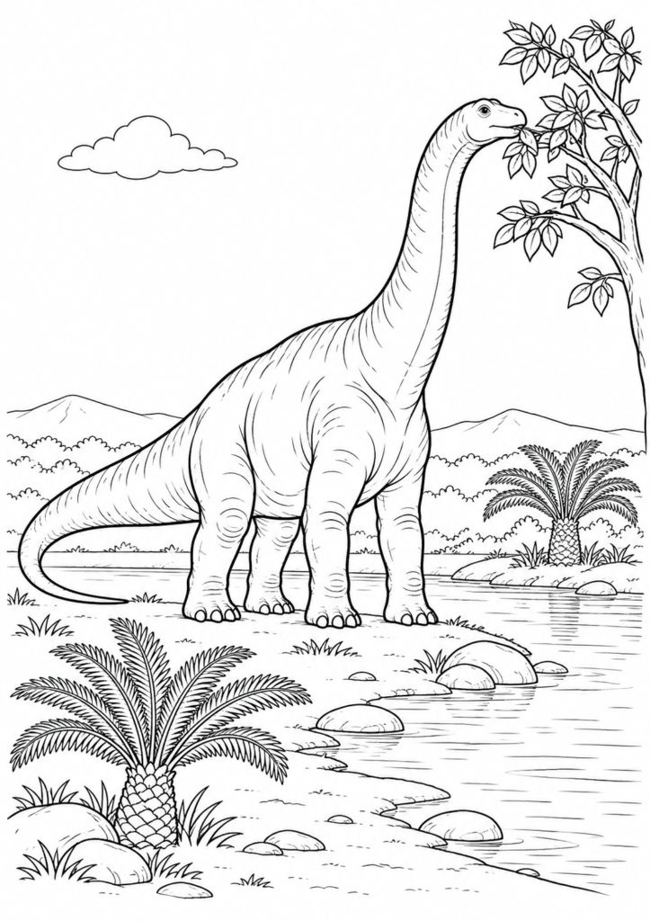 Apatosaurus am Fluss – Ausmalbild kostenlos – kostenlose Malvorlage zum Ausdrucken