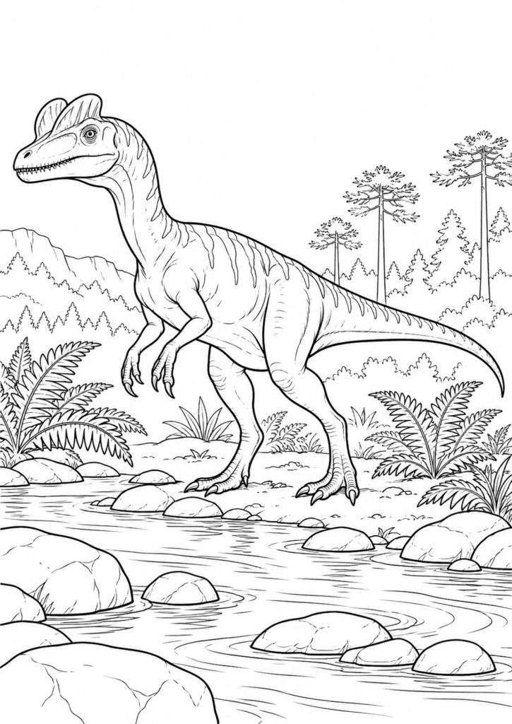 Dilophosaurus – Ausmalbild kostenlos – kostenlose Malvorlage zum Ausdrucken