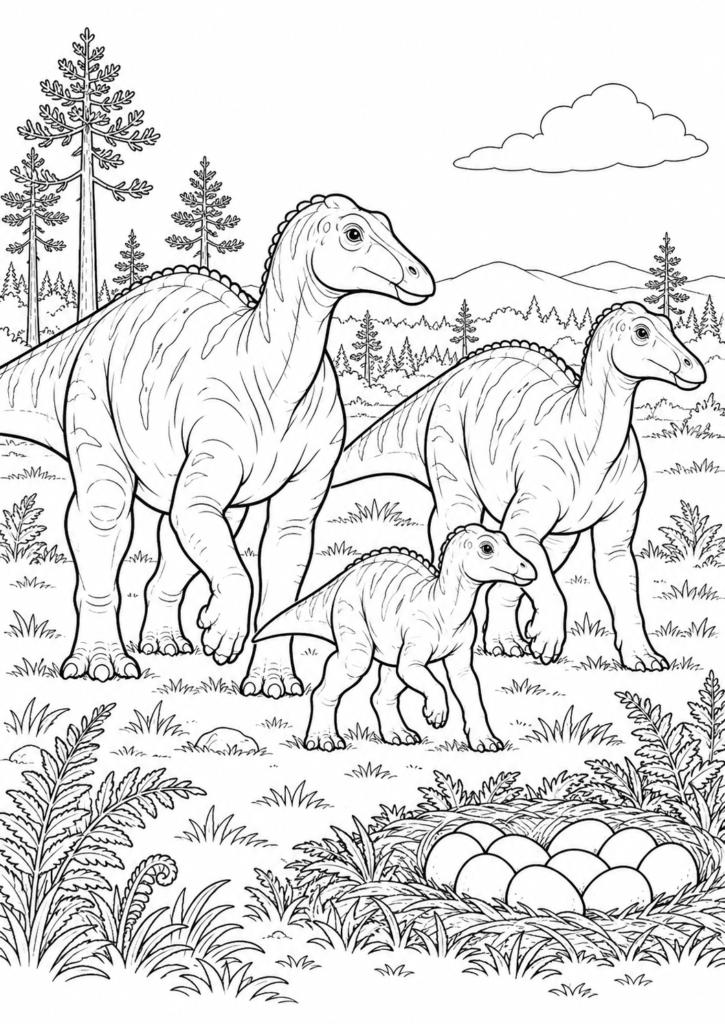 Dinosaurier-Familie – Ausmalbild kostenlos – kostenlose Malvorlage zum Ausdrucken