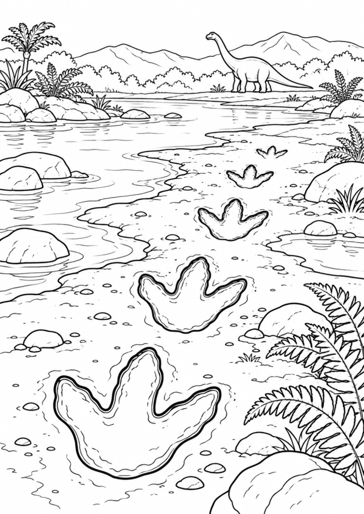 Dinosaurier-Fußspuren – Ausmalbild kostenlos – kostenlose Malvorlage zum Ausdrucken