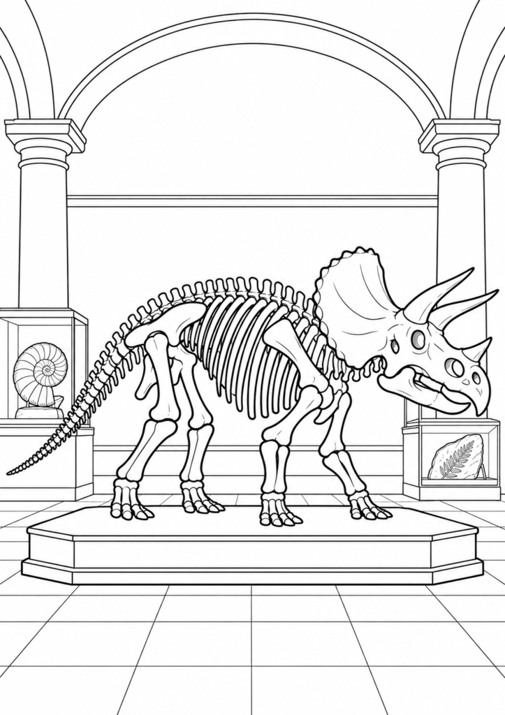 Dinosaurier-Skelett im Museum – Ausmalbild kostenlos – kostenlose Malvorlage zum Ausdrucken
