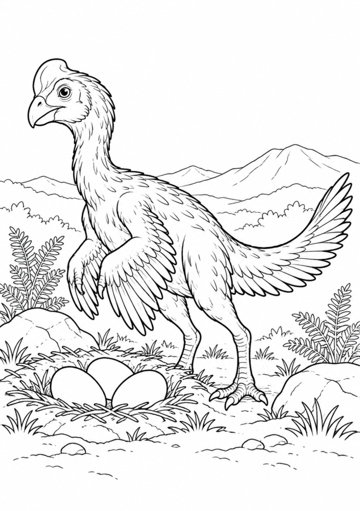 Oviraptor am Nest – Ausmalbild kostenlos – kostenlose Malvorlage zum Ausdrucken