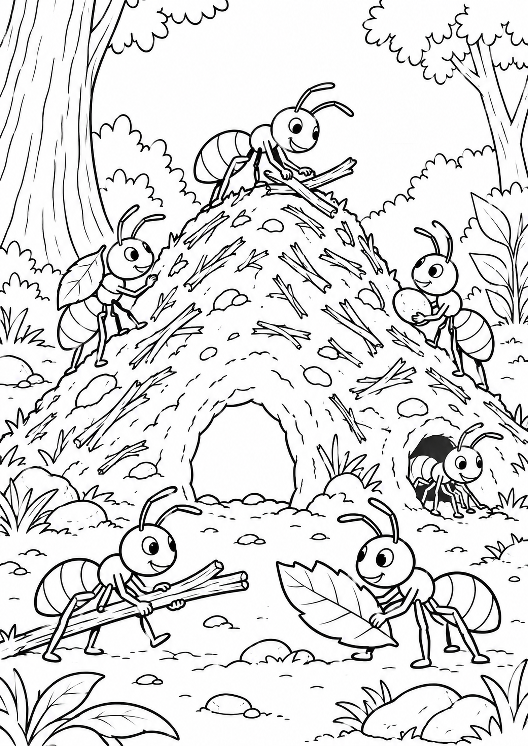 Ameisenhaufen im Wald – Ausmalbild kostenlos – Ausmalbild zum Ausdrucken