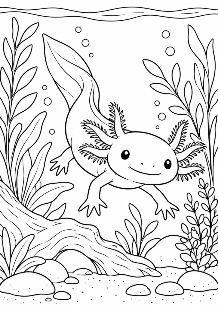 Axolotl im Aquarium – Ausmalbild kostenlos – kostenlose Malvorlage zum Ausdrucken