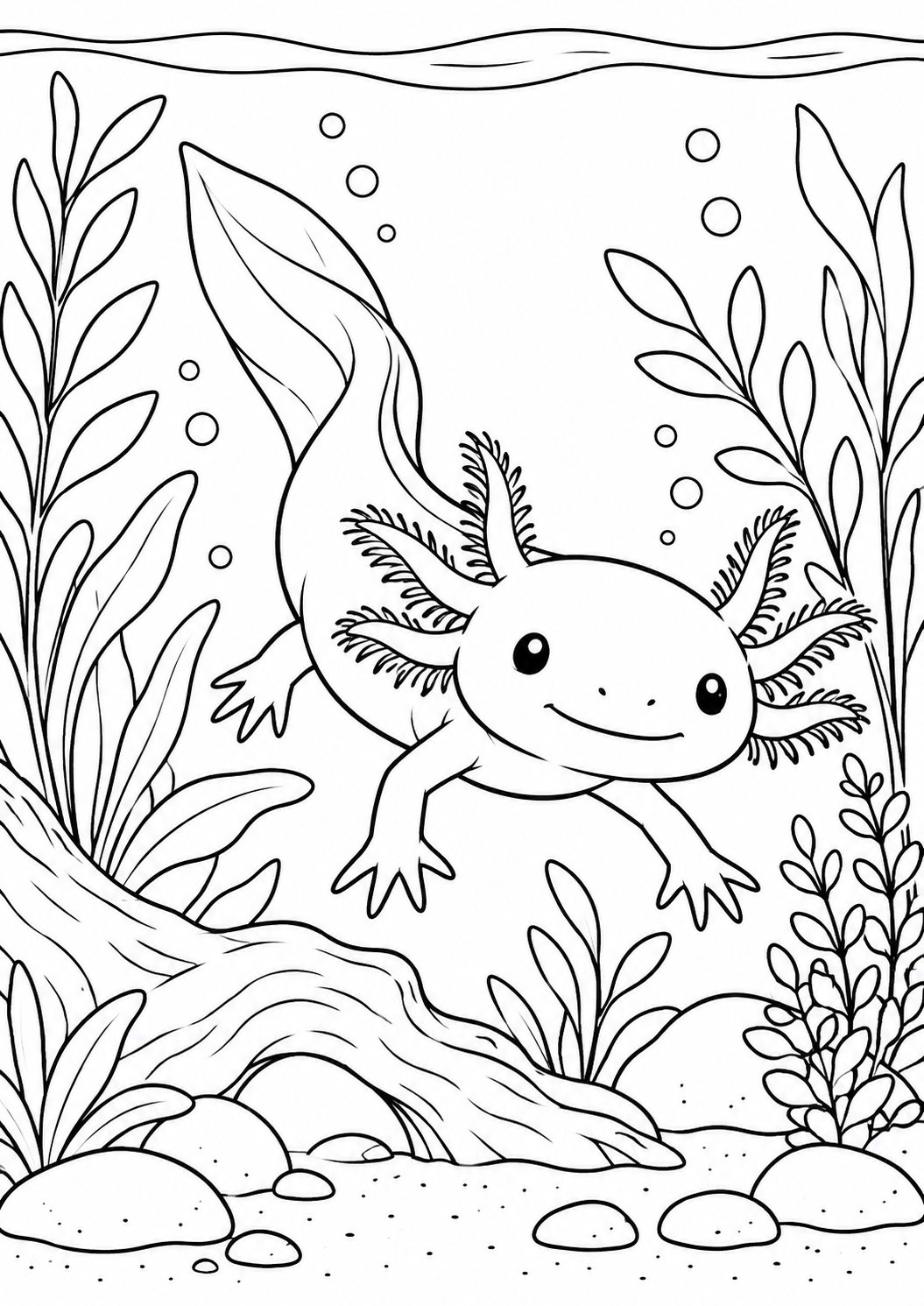 Axolotl im Aquarium – Ausmalbild kostenlos – Ausmalbild zum Ausdrucken