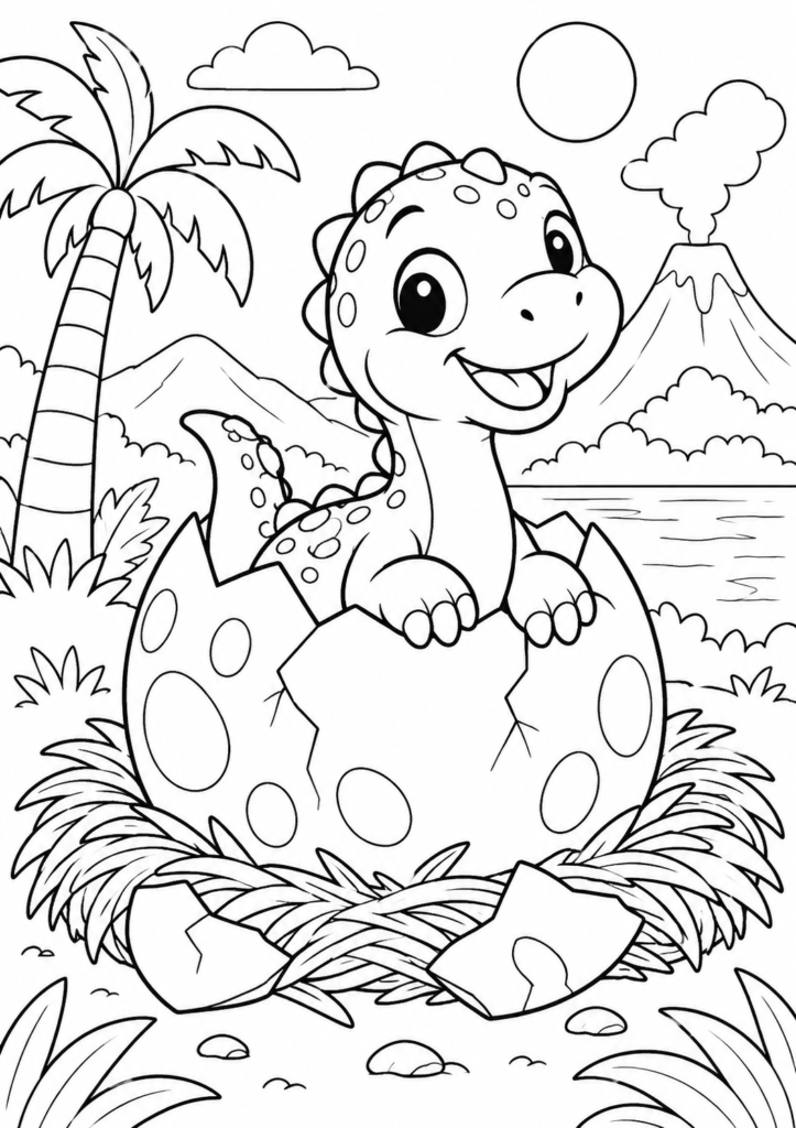 Baby-Dinosaurier im Ei – Ausmalbild kostenlos – kostenlose Malvorlage zum Ausdrucken