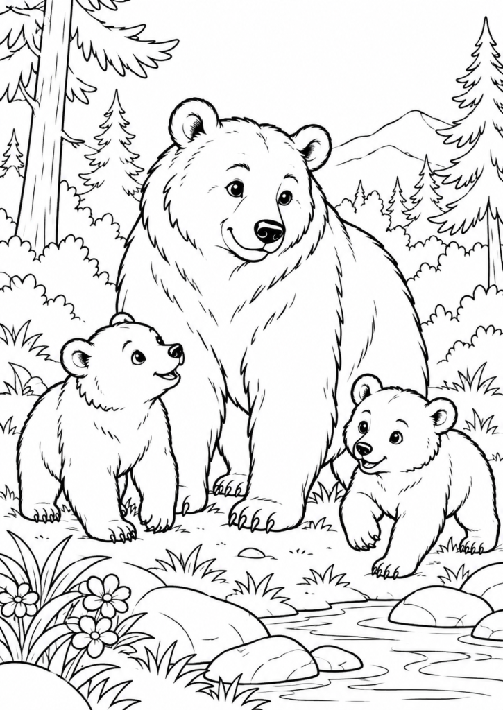 Bärenfamilie im Wald – Ausmalbild kostenlos – kostenlose Malvorlage zum Ausdrucken