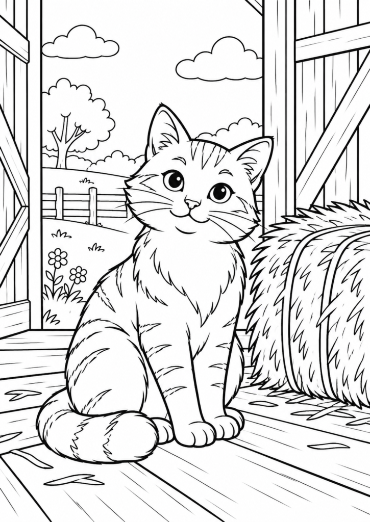 Bauernhofkatze in der Scheune – Ausmalbild kostenlos – kostenlose Malvorlage zum Ausdrucken
