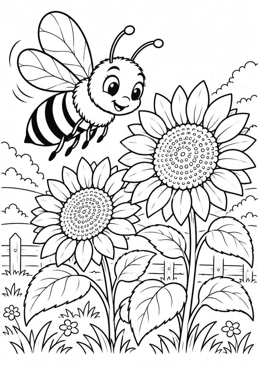 Biene bei Sonnenblumen – Ausmalbild kostenlos – Ausmalbild zum Ausdrucken