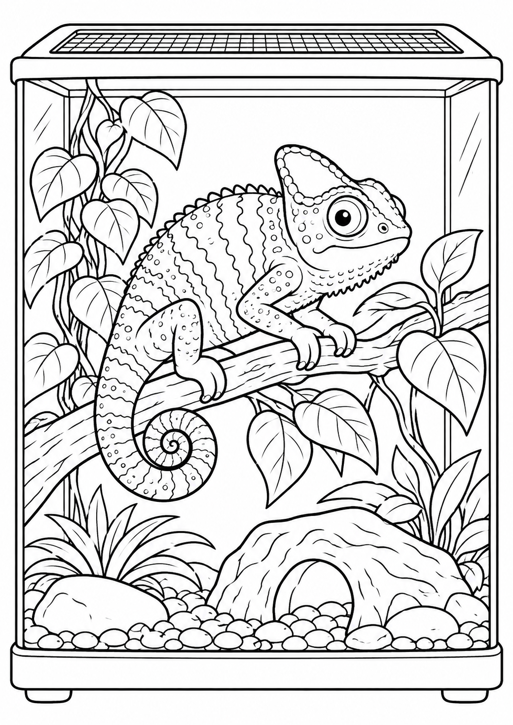 Chamäleon im Terrarium – Ausmalbild kostenlos – Ausmalbild zum Ausdrucken