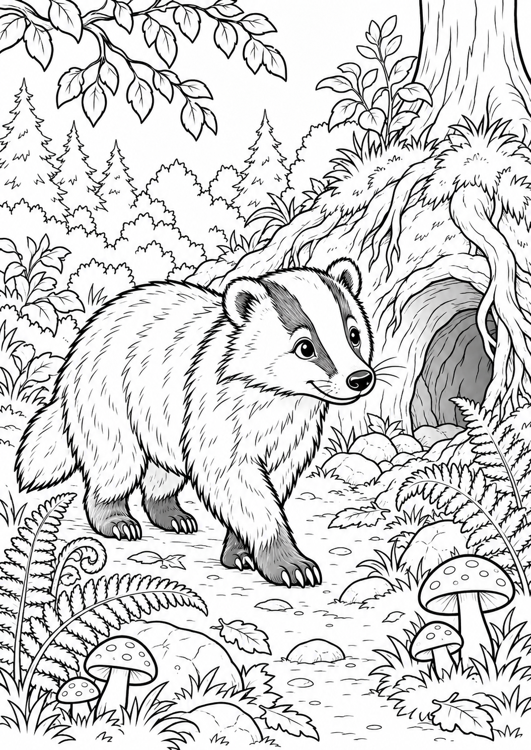 Dachs im Wald – Ausmalbild kostenlos – Ausmalbild zum Ausdrucken