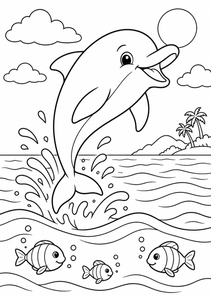 Delfin im Meer – Ausmalbild kostenlos – kostenlose Malvorlage zum Ausdrucken