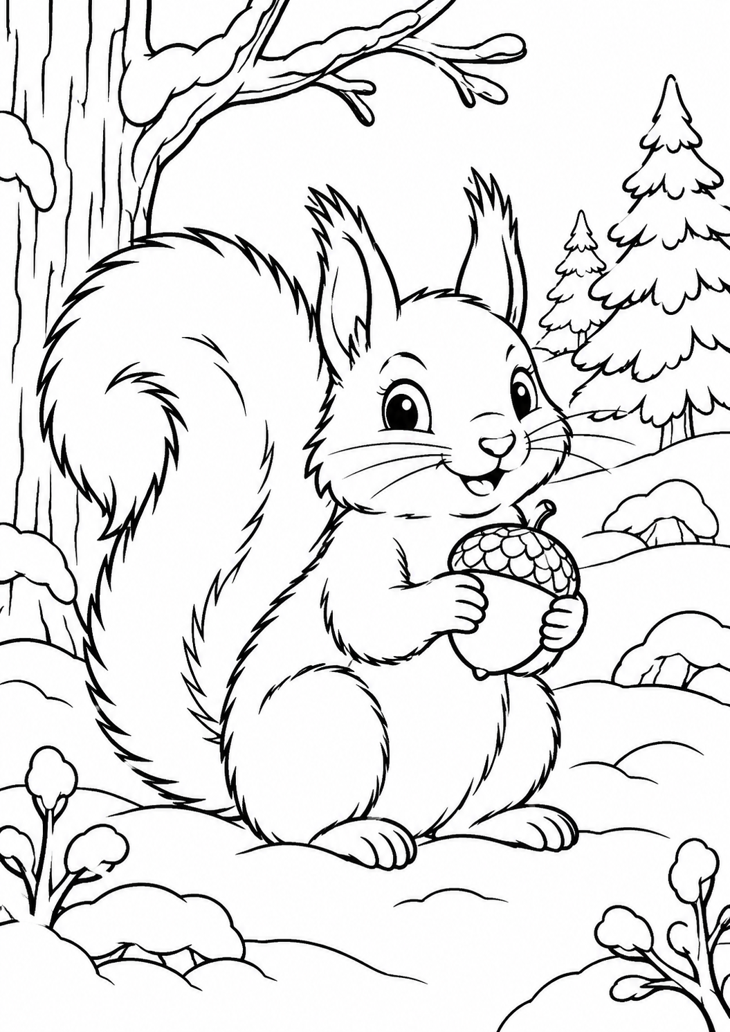Eichhörnchen im Winter – Ausmalbild kostenlos – Ausmalbild zum Ausdrucken