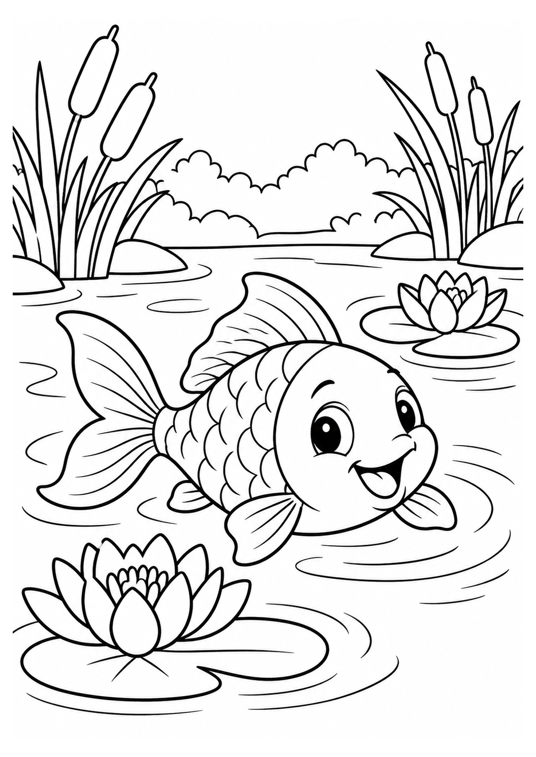 Fisch im Teich – einfaches Ausmalbild – Ausmalbild zum Ausdrucken