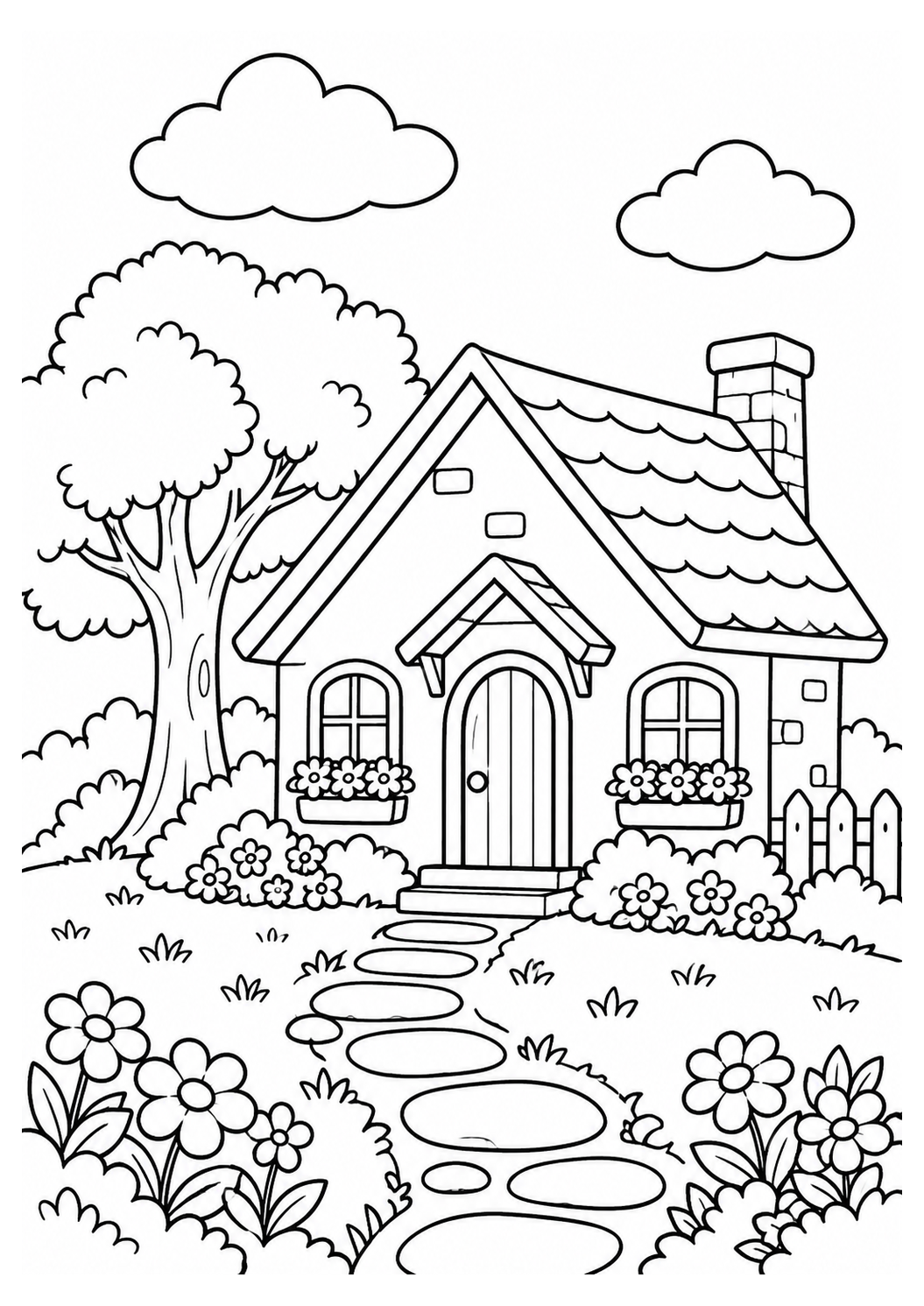 Kleines Haus mit Garten – einfaches Ausmalbild – Ausmalbild zum Ausdrucken