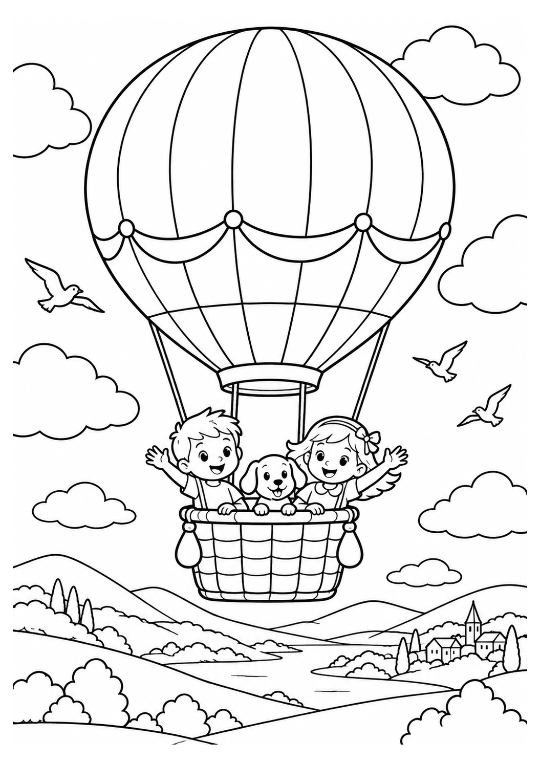 Heißluftballon am Himmel – einfaches Ausmalbild – Ausmalbild zum Ausdrucken