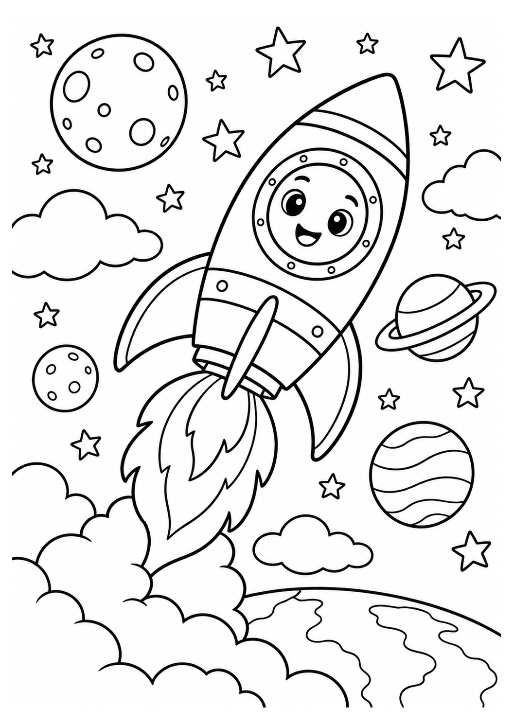 Rakete und Sterne – einfaches Ausmalbild – Ausmalbild zum Ausdrucken