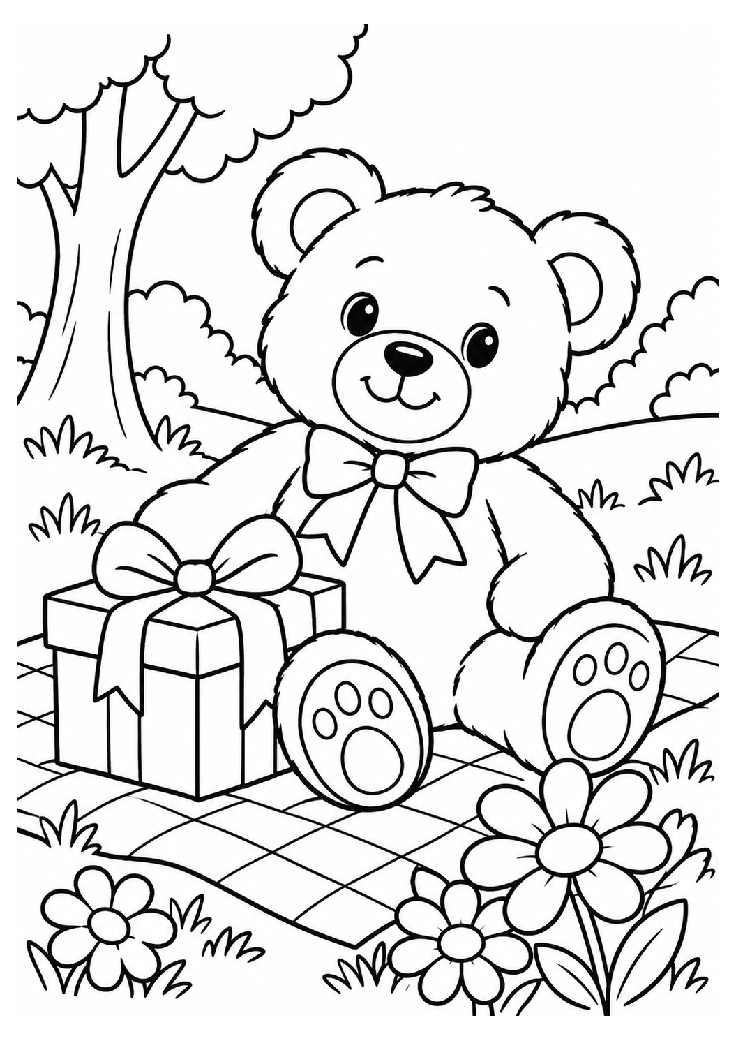 Teddybär mit Geschenk – einfaches Ausmalbild – Ausmalbild zum Ausdrucken