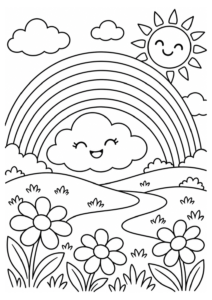 Regenbogen mit breiten Farbbändern und Wolken