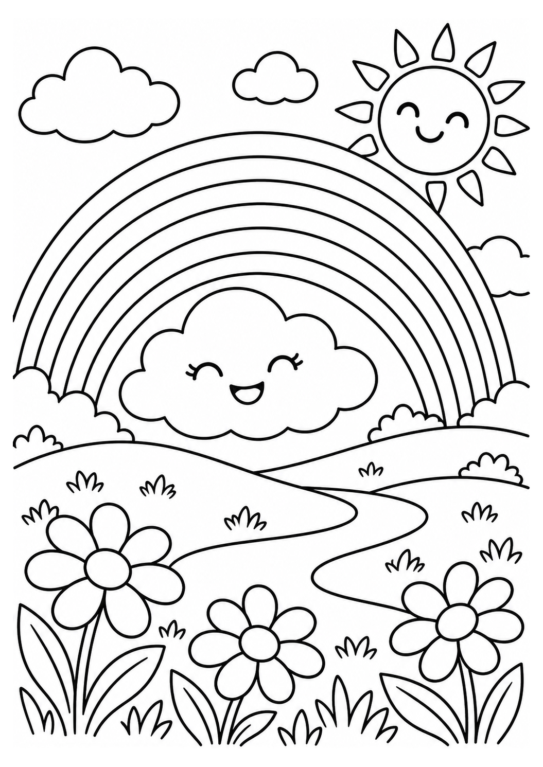 Regenbogen mit Wolken – einfaches Ausmalbild – Ausmalbild zum Ausdrucken