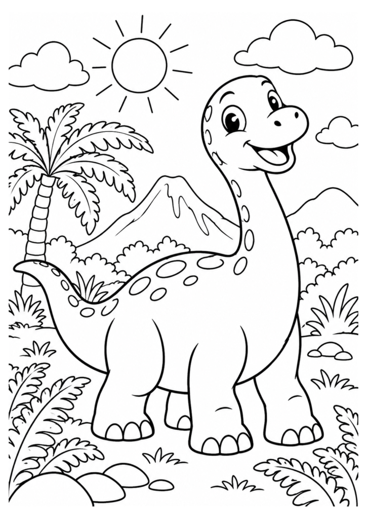 Freundlicher Dinosaurier – einfaches Ausmalbild – kostenlose Malvorlage zum Ausdrucken