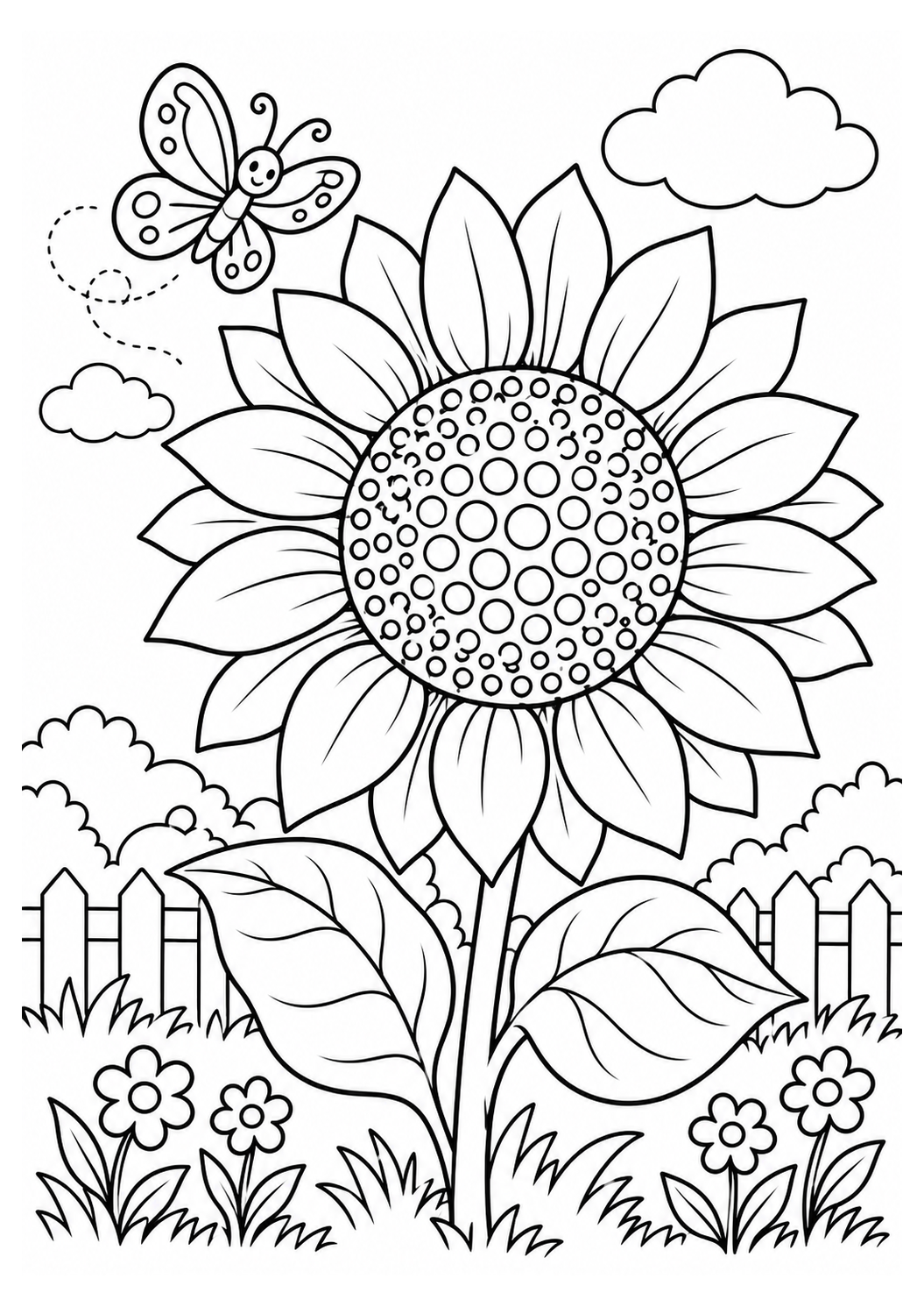 Sonnenblume im Garten – einfaches Ausmalbild – Ausmalbild zum Ausdrucken