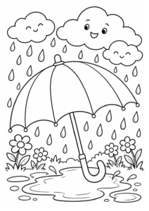 Regenschirm unter Wolken und Regentropfen