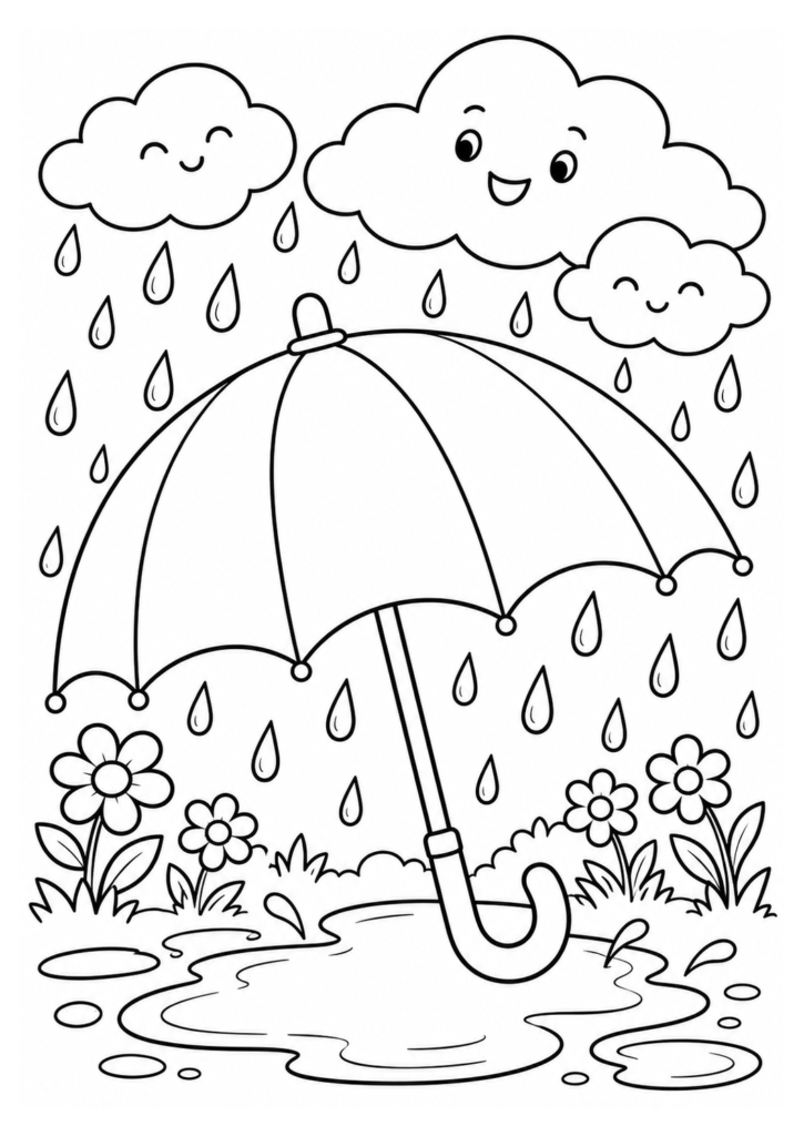 Regenschirm im Regen – einfaches Ausmalbild – kostenlose Malvorlage zum Ausdrucken