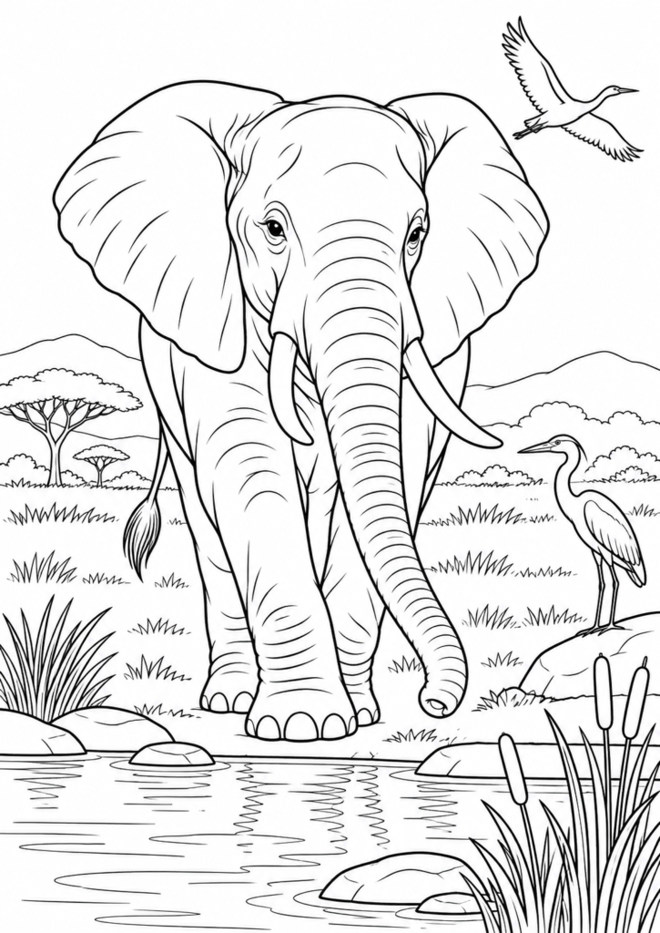 Elefant in der Savanne – Ausmalbild kostenlos – kostenlose Malvorlage zum Ausdrucken