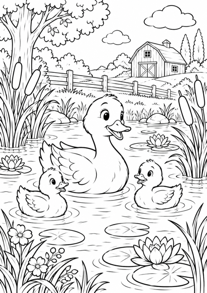 Ente mit Küken am Teich – Ausmalbild kostenlos – kostenlose Malvorlage zum Ausdrucken