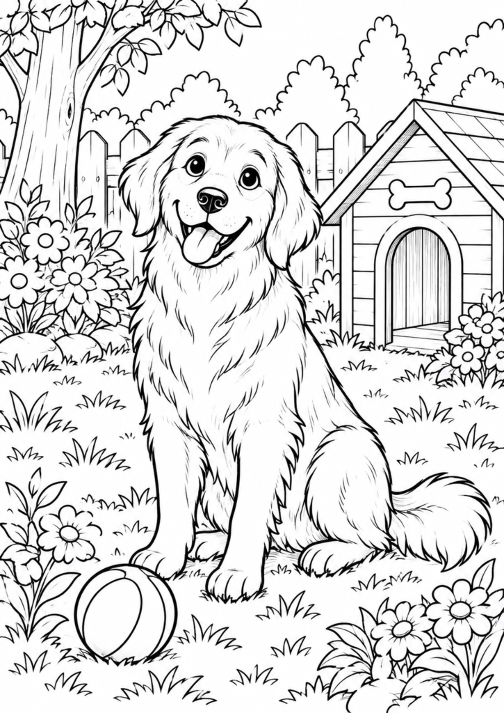 Familienhund – Ausmalbild kostenlos – kostenlose Malvorlage zum Ausdrucken