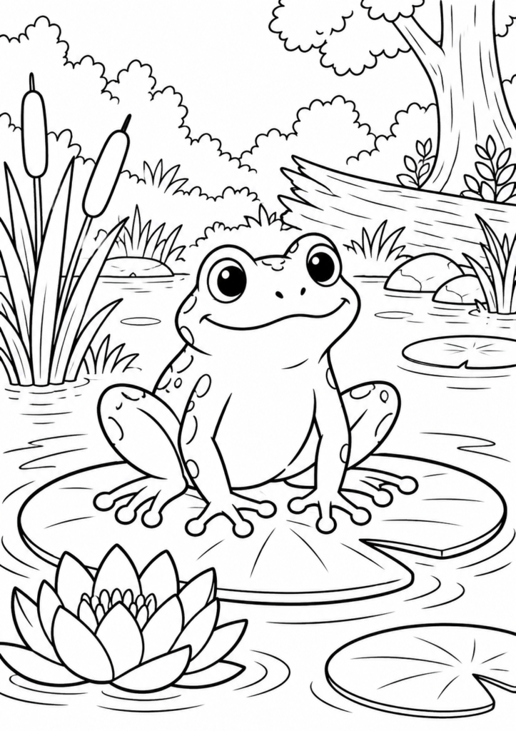 Frosch am Waldteich – Ausmalbild kostenlos – kostenlose Malvorlage zum Ausdrucken