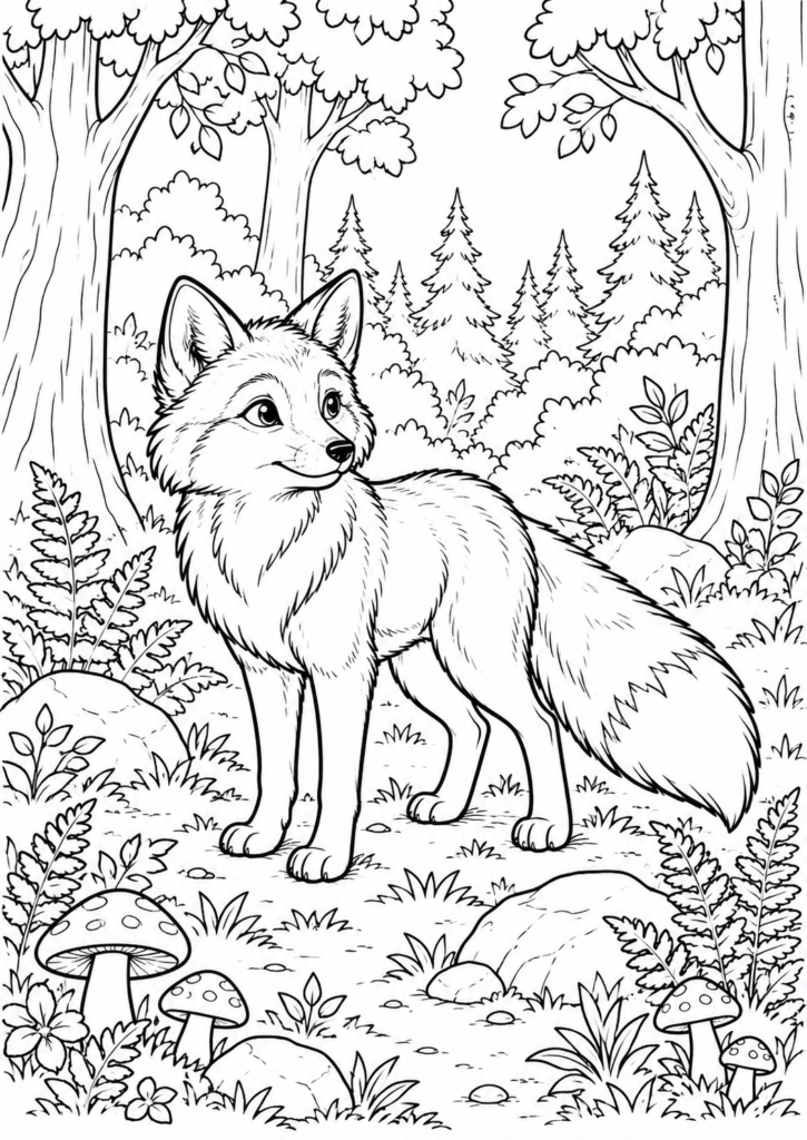Fuchs im Wald – Ausmalbild kostenlos – kostenlose Malvorlage zum Ausdrucken