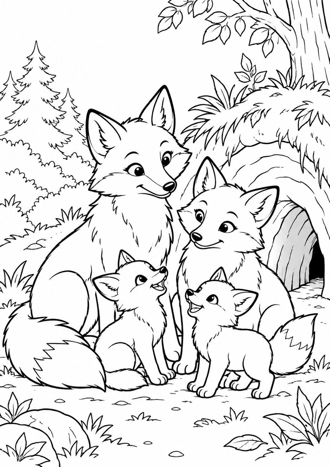 Fuchsfamilie im Wald – Ausmalbild kostenlos – Ausmalbild zum Ausdrucken