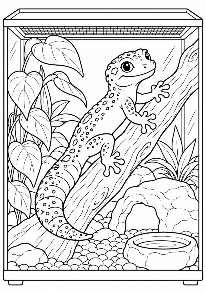 Gecko im Terrarium – Ausmalbild kostenlos – kostenlose Malvorlage zum Ausdrucken