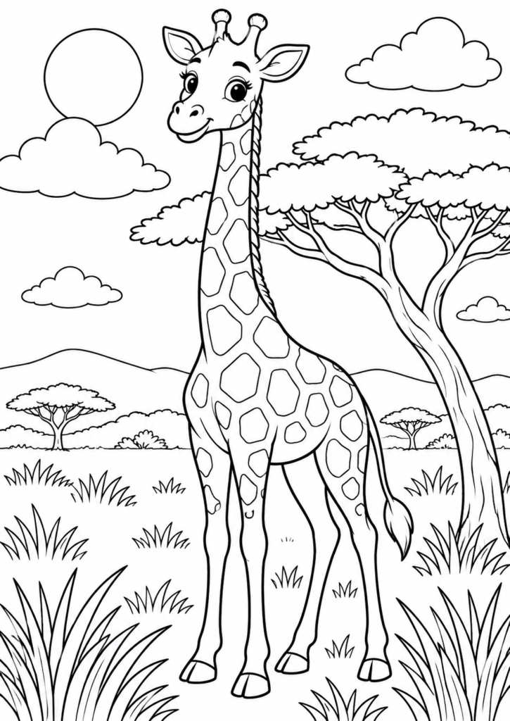Giraffe in der Savanne – Ausmalbild kostenlos – kostenlose Malvorlage zum Ausdrucken