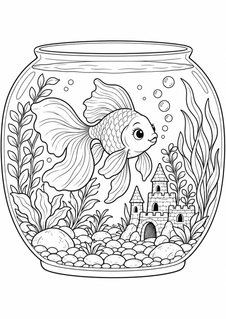 Goldfisch im Aquarium – Ausmalbild kostenlos – kostenlose Malvorlage zum Ausdrucken