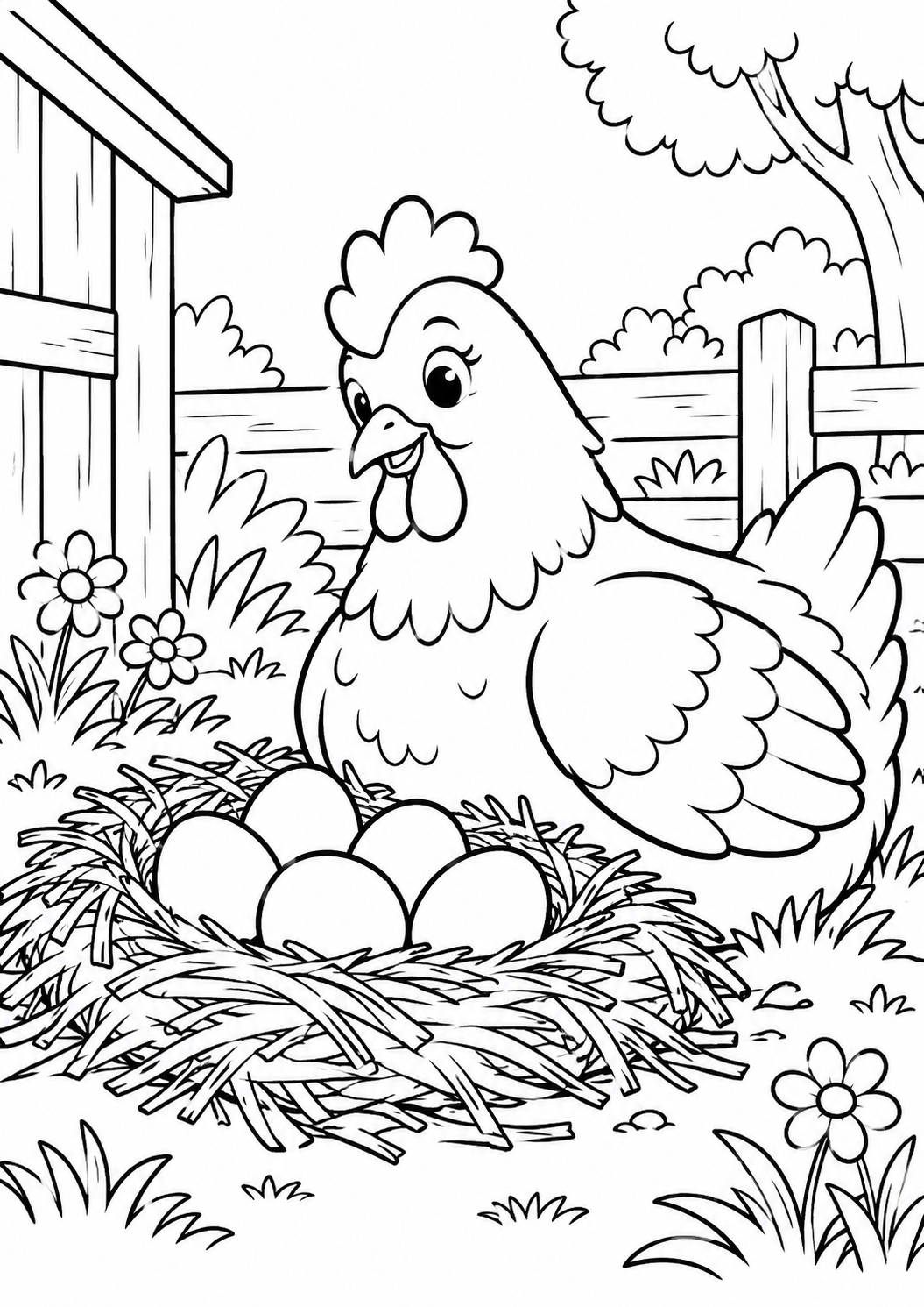 Huhn im Nest mit Eiern – Ausmalbild kostenlos – Ausmalbild zum Ausdrucken