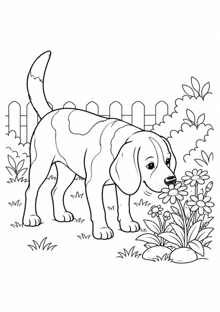 Beagle im Garten – Ausmalbild kostenlos – kostenlose Malvorlage zum Ausdrucken