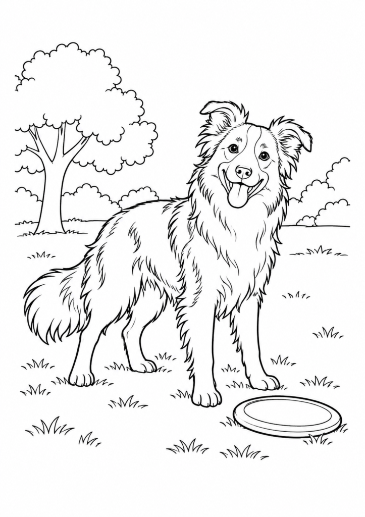 Border Collie mit Frisbee – Ausmalbild kostenlos – kostenlose Malvorlage zum Ausdrucken