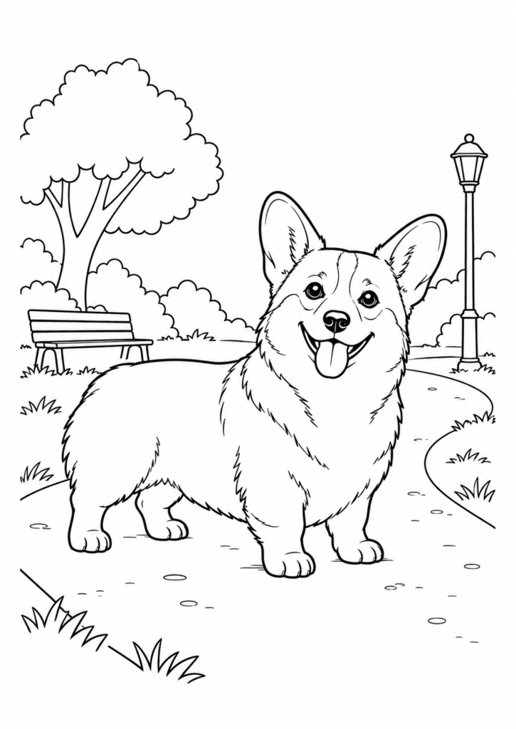 Corgi im Park – Ausmalbild kostenlos – kostenlose Malvorlage zum Ausdrucken