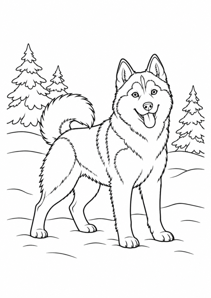 Husky im Schnee – Ausmalbild kostenlos – kostenlose Malvorlage zum Ausdrucken