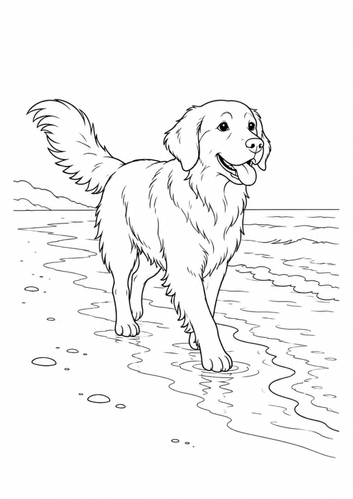 Hund am Strand – Ausmalbild kostenlos – kostenlose Malvorlage zum Ausdrucken