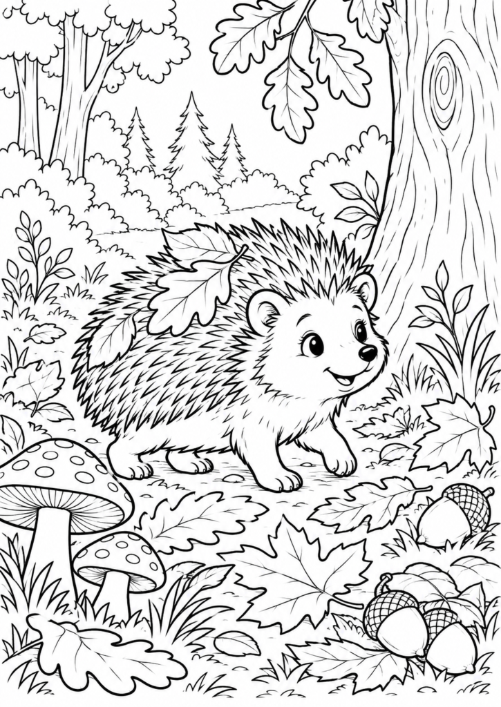 Igel im Herbstwald – Ausmalbild kostenlos – kostenlose Malvorlage zum Ausdrucken