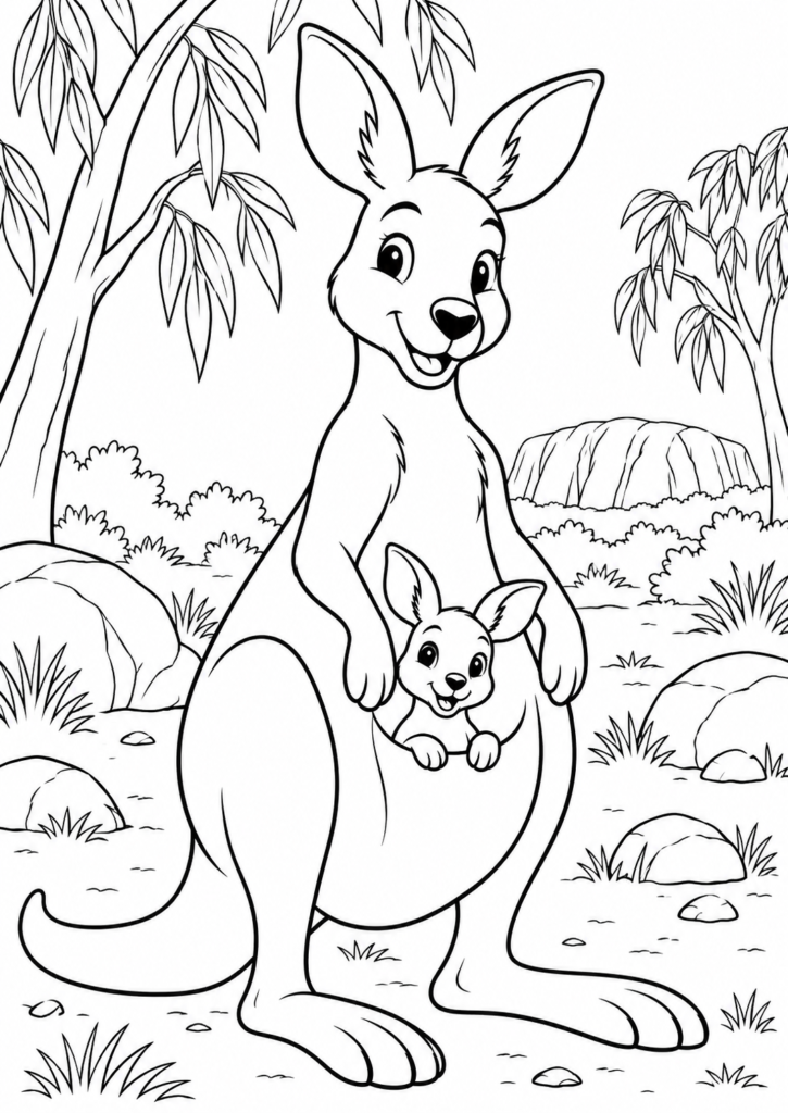 Känguru in Australien – Ausmalbild kostenlos – kostenlose Malvorlage zum Ausdrucken