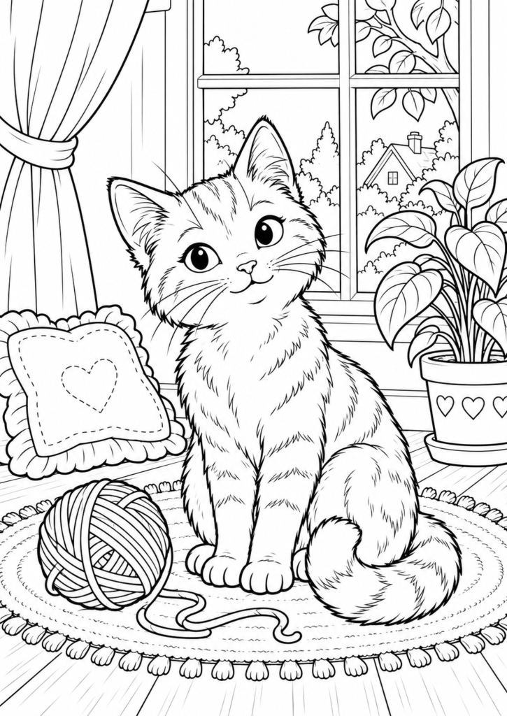 Katze zu Hause – Ausmalbild kostenlos – kostenlose Malvorlage zum Ausdrucken