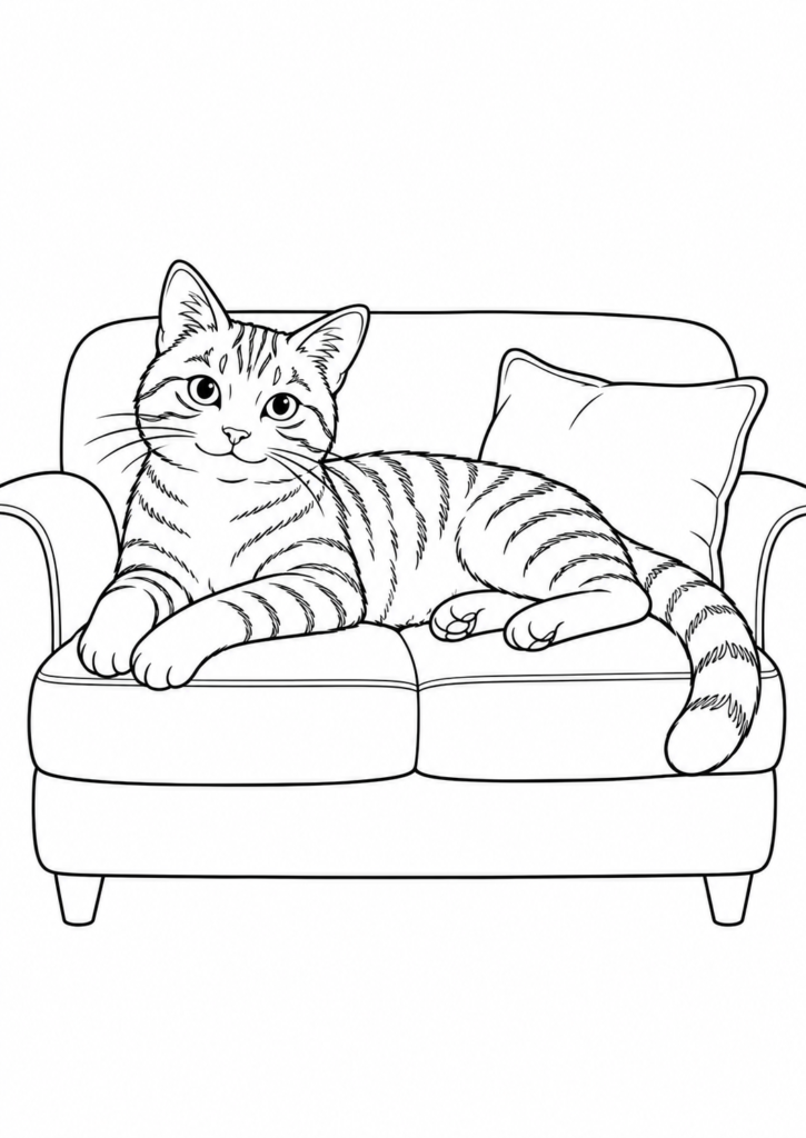 Getigerte Katze auf dem Sofa – Ausmalbild kostenlos – kostenlose Malvorlage zum Ausdrucken