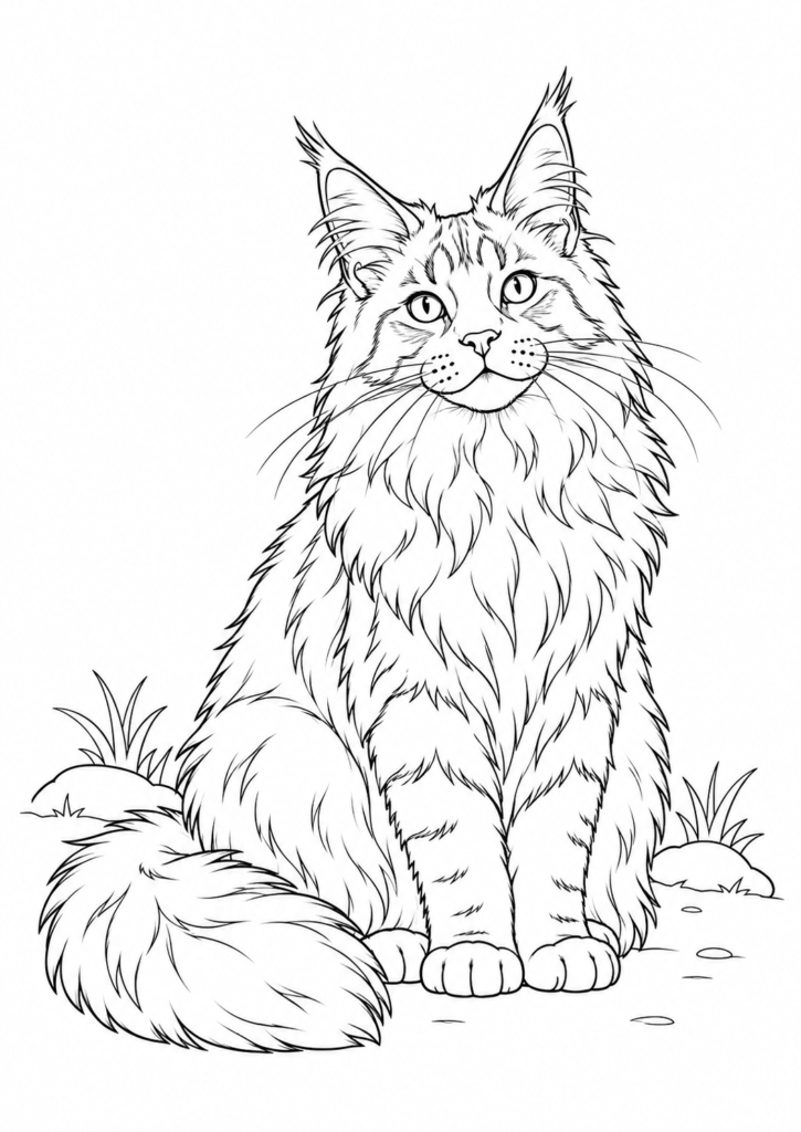 Maine-Coon-Katze – Ausmalbild kostenlos – kostenlose Malvorlage zum Ausdrucken