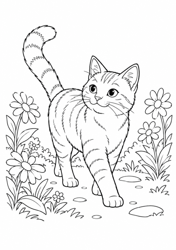 Katze im Garten – Ausmalbild kostenlos – kostenlose Malvorlage zum Ausdrucken