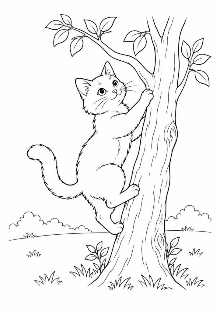 Katze klettert auf Baum – Ausmalbild kostenlos – kostenlose Malvorlage zum Ausdrucken